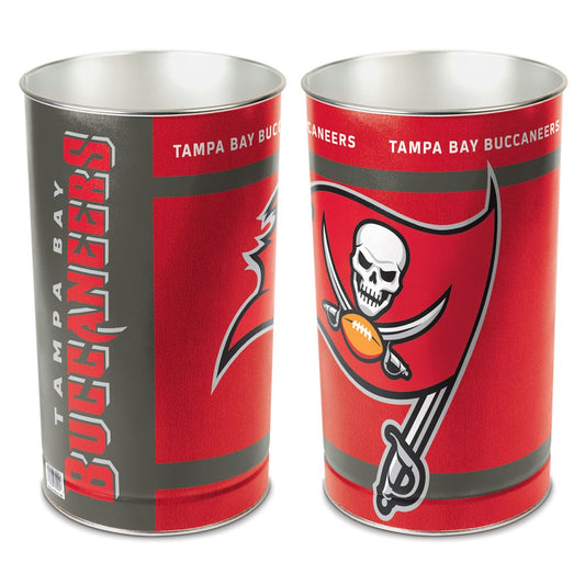 Tampa Bay Buccaneers metal wastebasket with team colors and graphics measures 15 inches tall & 10 inches wide at top
