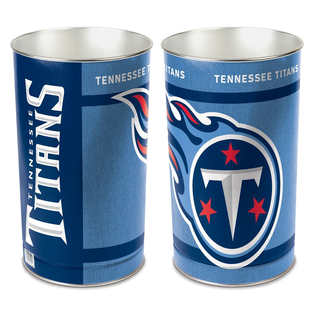 Tennessee Titans metal wastebasket with team colors and graphics measures 15 inches tall & 10 inches wide at top
