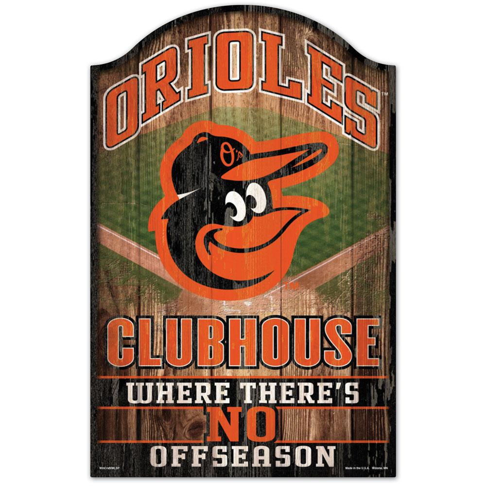 Baltimore Orioles 11"x17" wood sign featuring team graphics and the wording "Orioles Clubhouse where there's no offseason"