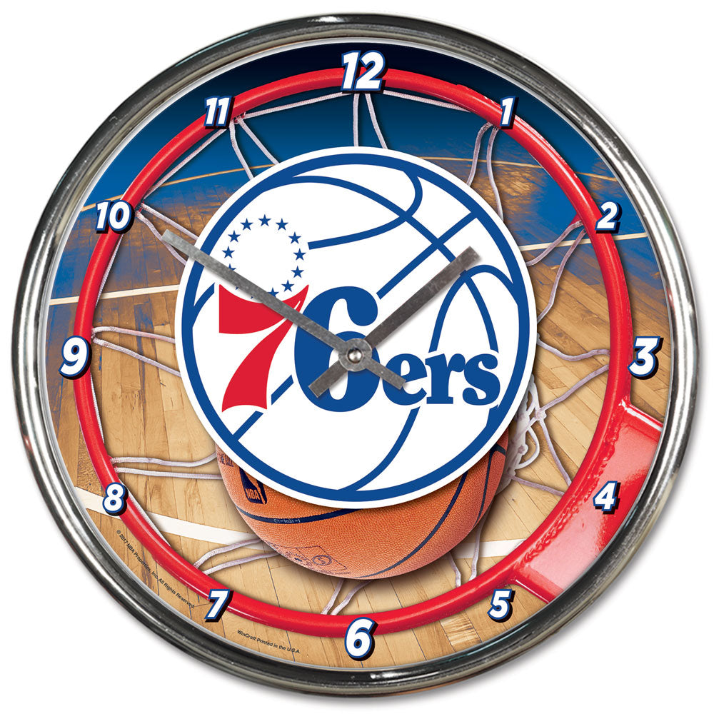 New 12" Philadelphia 76ers Round Chrome Clock by Wincraft. Features bold team graphics on a chrome-plated clock with metal hands. Batteries not included.