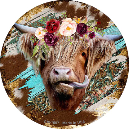 Highland Cattle On Mixed Print Novelty Set of 4 Round Coasters Set - CC-1697