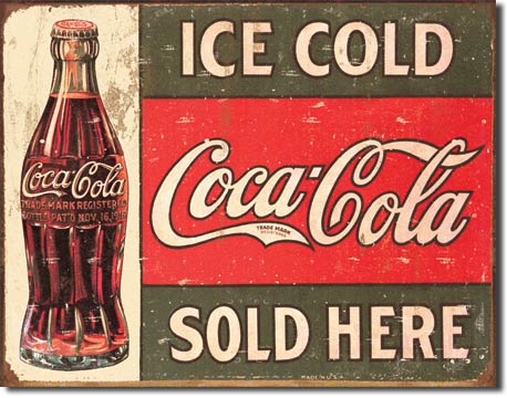 COKE - c.1916 Ice Cold 16" x 12.5" Distressed Metal Tin Sign - 1299