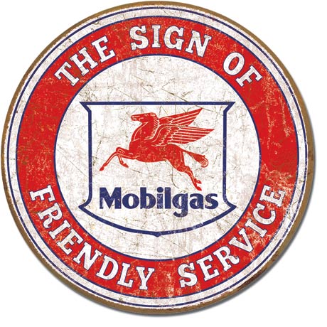 Mobil - Friendly Service 11.75" Round Metal Tin Sign - 2025