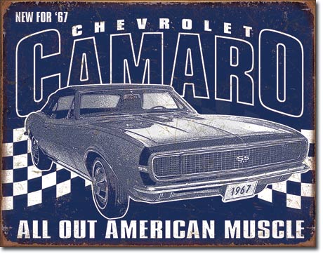 1967 Camaro distressed tin sign, 16" x 12.5", multi-colored, made in the USA, featuring rolled edges and mounting holes.