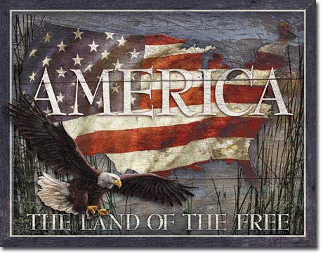 America - Land of Free Metal Tin Sign - 16" x 12.5 "