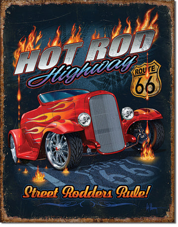 Hot Rod Hwy Route 66 - 12.5" x 16" Metal Tin Sign - 2370