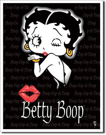 Multi-colored 12.5" x 16" metal tin sign featuring Betty Boop Kiss. Indoor/outdoor use, rolled edges, baked ink, and mounting holes. Made in USA.