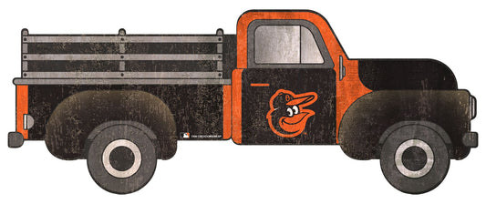 Baltimore Orioles pickup truck shaped sign featuring team colors and logo