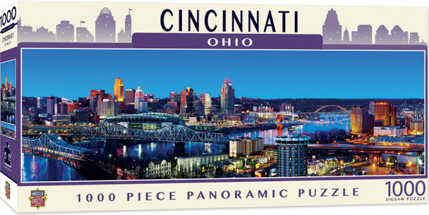 A 1000-piece panoramic jigsaw puzzle featuring a detailed view of the Cincinnati skyline, photographed by Christopher Gjevre.