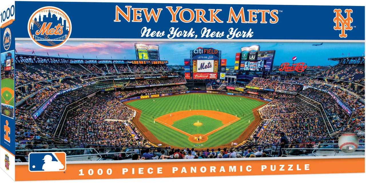  "New York Mets panoramic stadium 1000-piece puzzle by Masterpieces, featuring a center view of the stadium, ideal for fans and puzzle lovers."