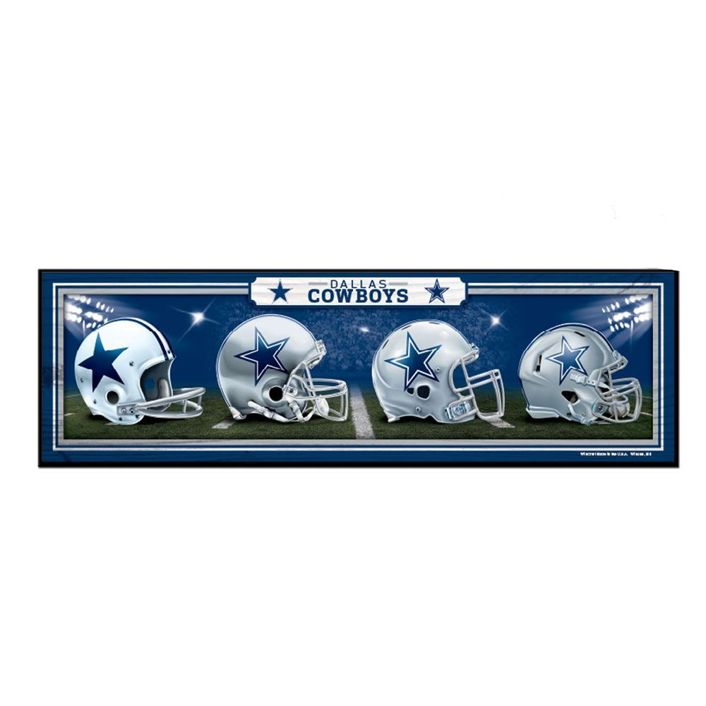 Authentic Dallas Cowboys 'History of Helmets' 9"x30" wood sign. Made in USA by Wincraft, with antique look and matte finish.