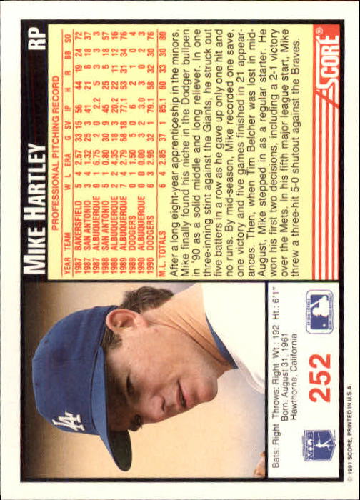 1991 Score #252 Mike Hartley - Baseball Card NM-MT