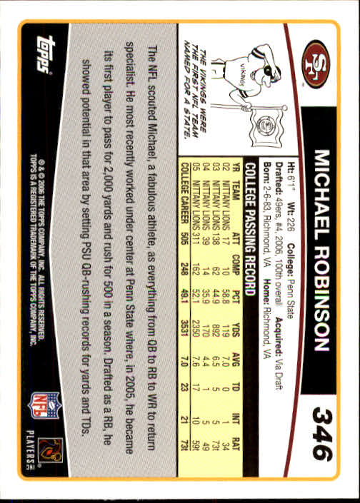 2006 Topps #346 Michael Robinson Rookie Card - Football Card