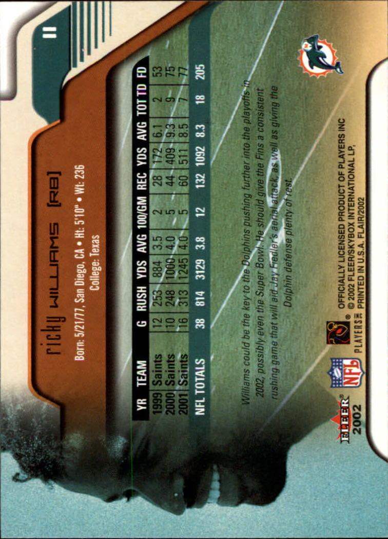 2002 Flair #11 Ricky Williams - Football Card