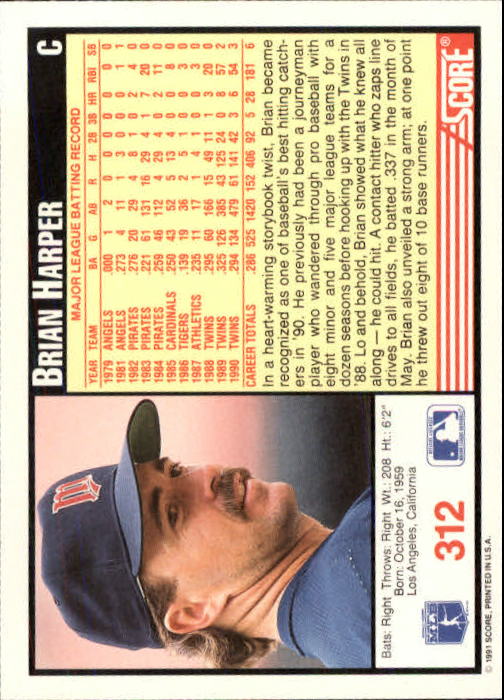 1991 Score #312 Brian Harper - Baseball Card NM-MT
