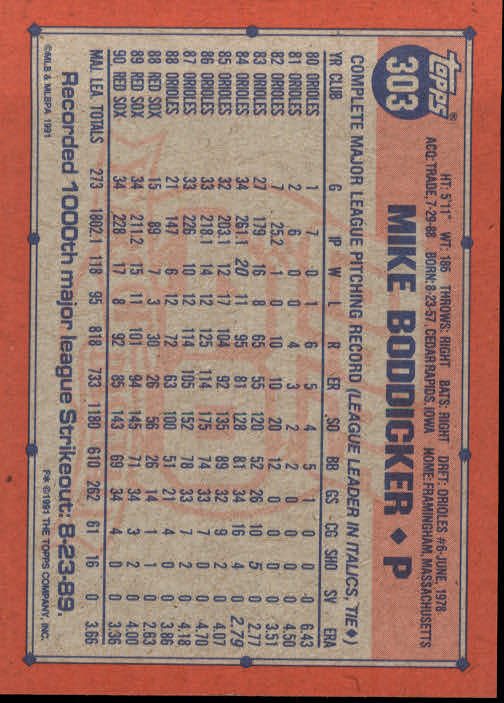 1991 Topps #303 Mike Boddicker - Baseball Card NM-MT