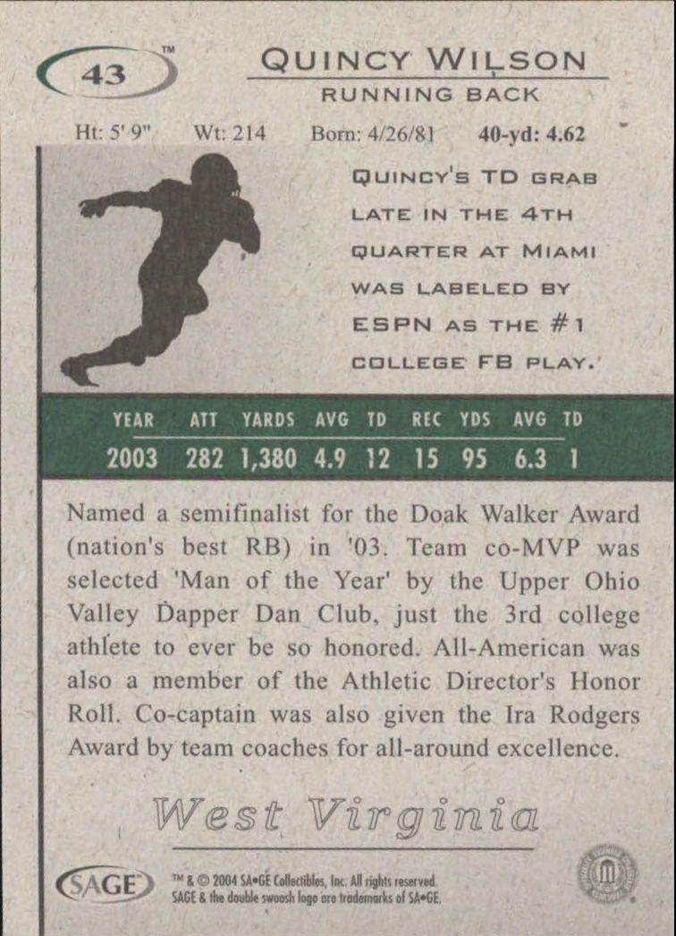 2004 SAGE HIT #43 Quincy Wilson- Football Card