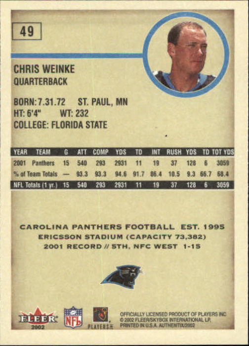 2002 Fleer Authentix #49 Chris Weinke - Football Card
