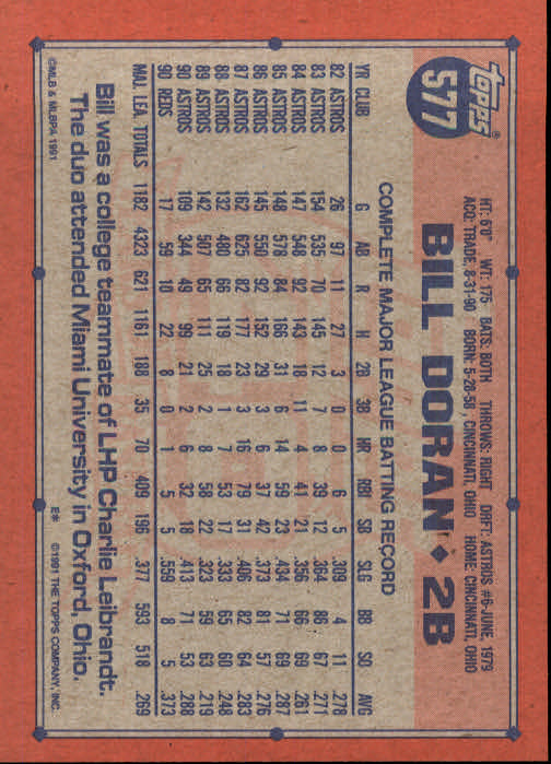 1991 Topps #577 Bill Doran - Baseball Card NM-MT