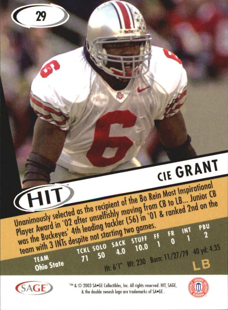 2003 Sage Hit #29 Cie Grant - Football Card