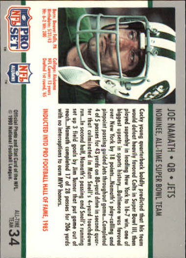 1990-91 Pro Set Super Bowl 160 #34 Joe Namath - Football Card