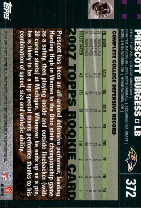 2007 Topps #372 Prescott Burgess Rookie Card - Football Card