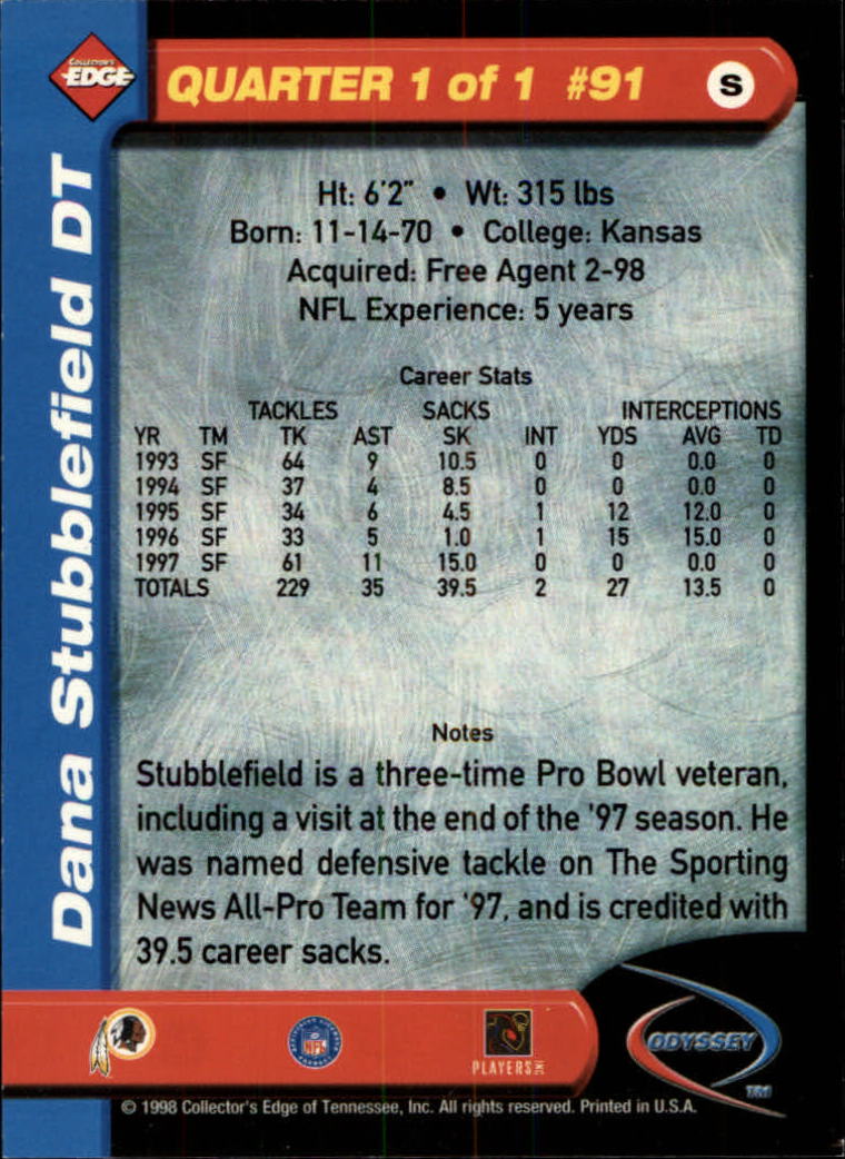 1998 Collector's Edge Odyssey #91 Dana Stubblefield - Football Card
