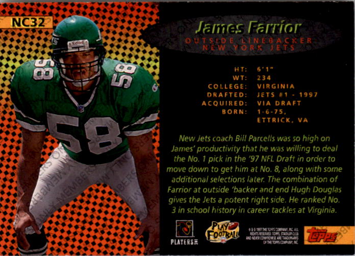 1997 Stadium Club Never Compromise #NC32 James Farrior - Football Card