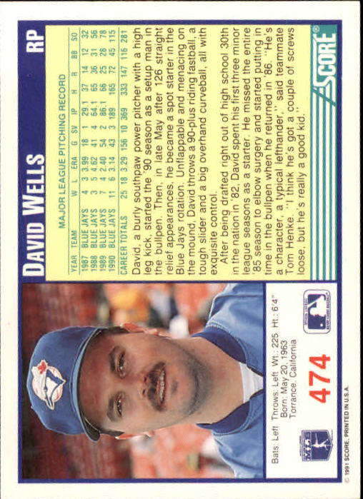 1991 Score #474 David Wells - Baseball Card NM-MT