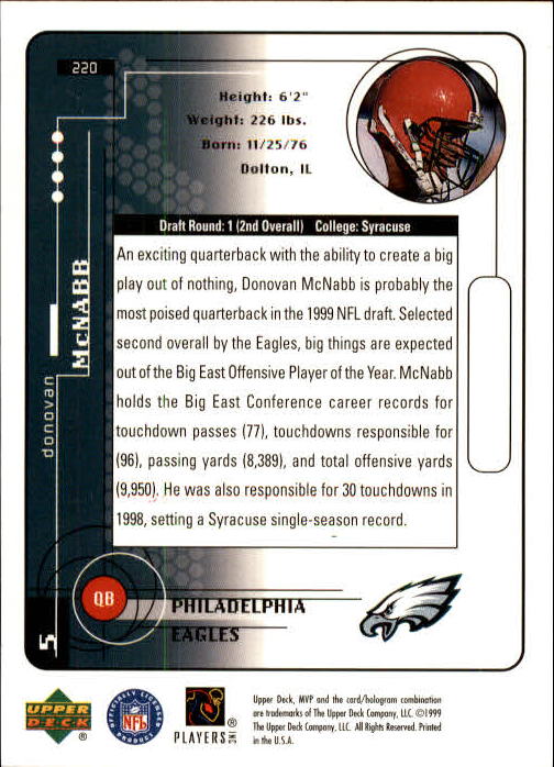 1999 Upper Deck MVP #220 Donovan McNabb Rookie Card - Football Card