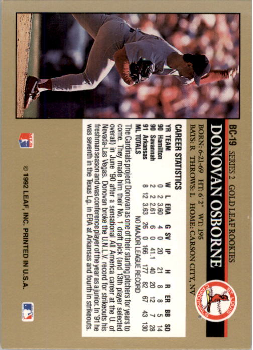 1992 Leaf Gold Rookies #BC19 Donovan Osborne - Baseball Card