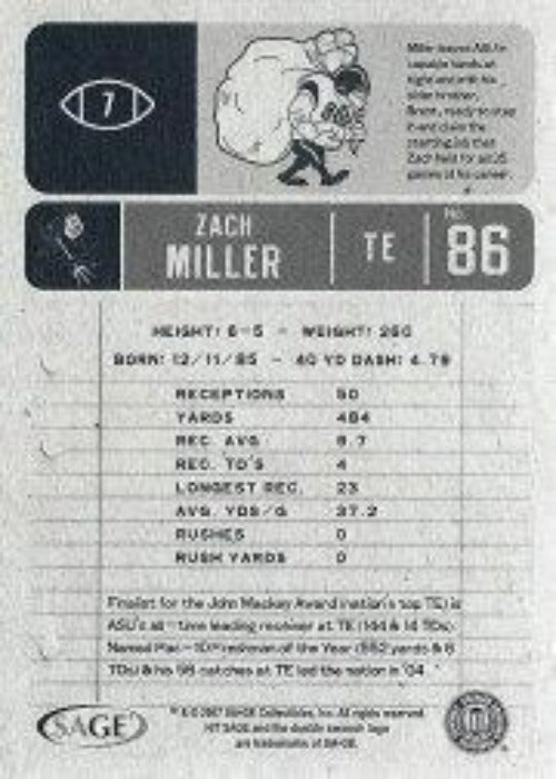 2007 SAGE HIT #7 Zach Miller - Football Card {NM-MT}