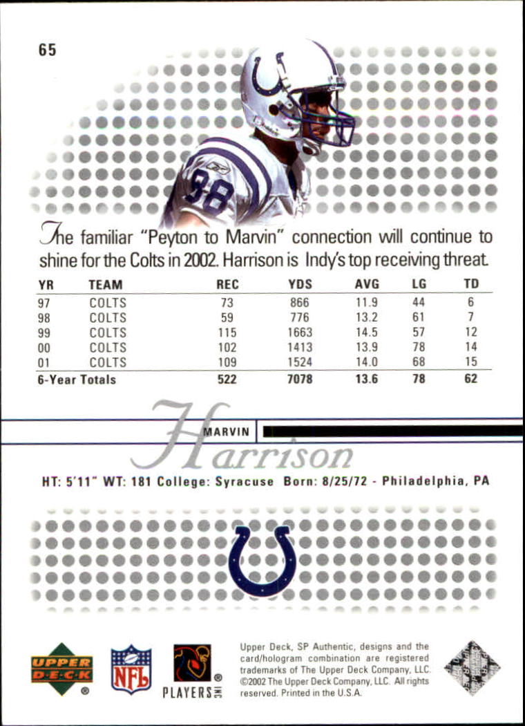 2002 SP Authentic #65 Marvin Harrison - Football Card