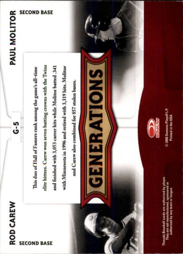 2008 Donruss Threads Generations #5 Rod Carew/Paul Molitor - Baseball Card NM-MT