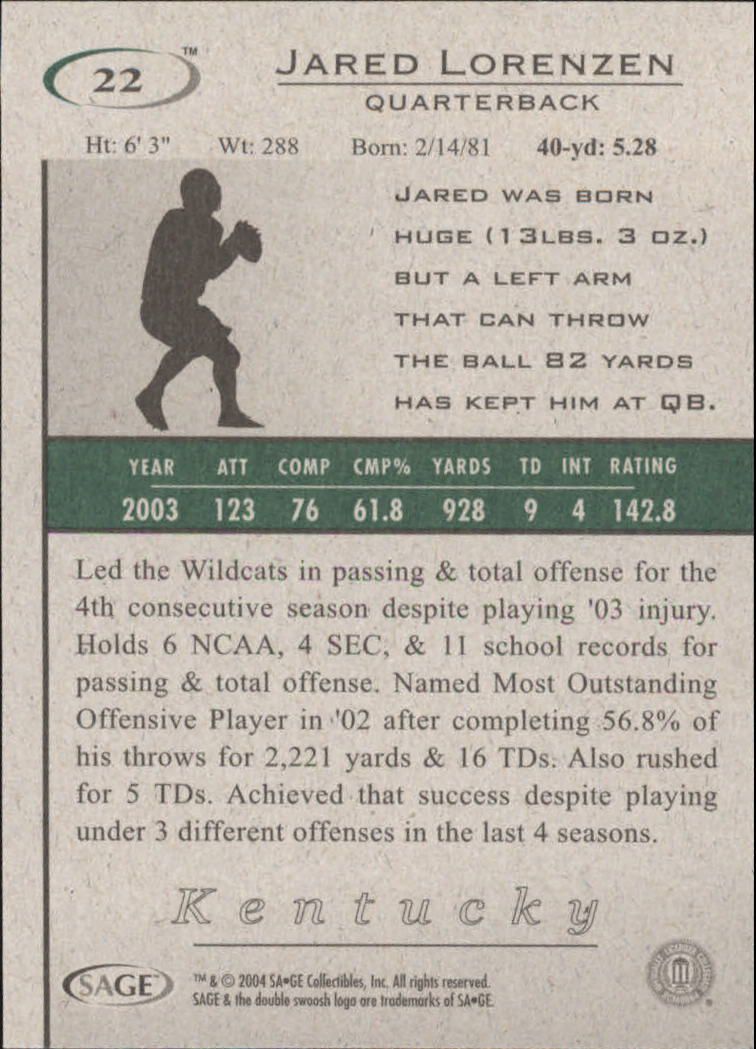 2004 SAGE HIT #22 Jared Lorenzen - Football Card