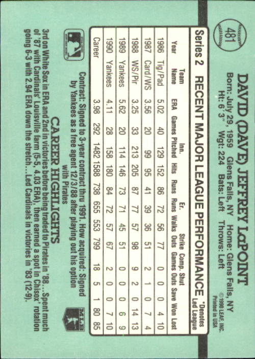 1991 Donruss #481 Dave LaPoint - Baseball Card