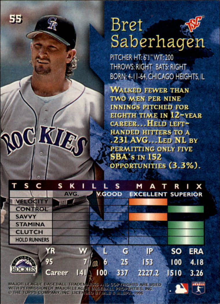 1996 Stadium Club #55 Bret Saberhagen - Baseball Card