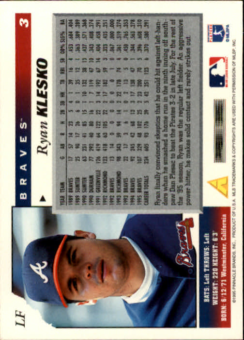 1996 Score #3 Ryan Klesko - Baseball Card NM-MT