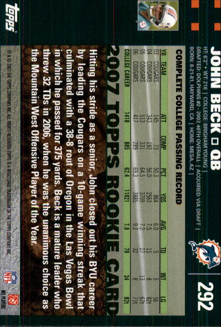 2007 Topps #292 John Beck Rookie Card - Football Card NM-MT