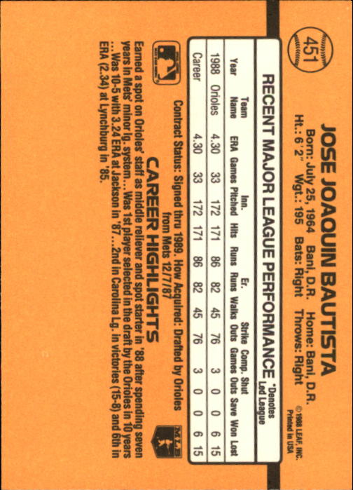 1989 Donruss #451 Jose Bautista RC - Baseball Card NM-MT