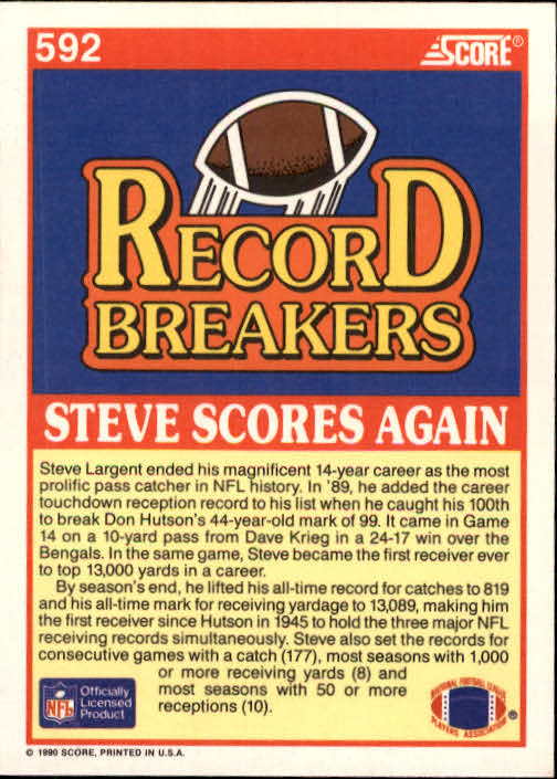 1990 Score #592 Steve Largent Record Breakers - Football Card
