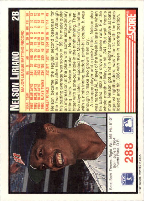 1991 Score #288 Nelson Liriano - Basball Card NM-MT