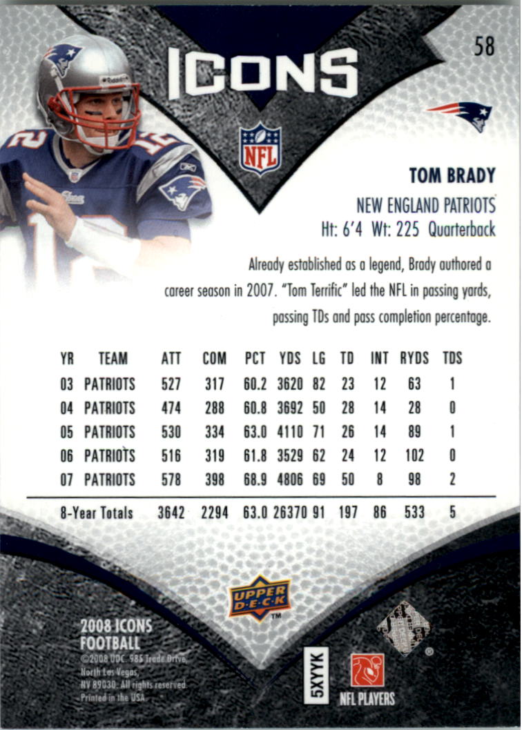 2008 Upper Deck Icons #58 Tom Brady - Football Card NM-MT