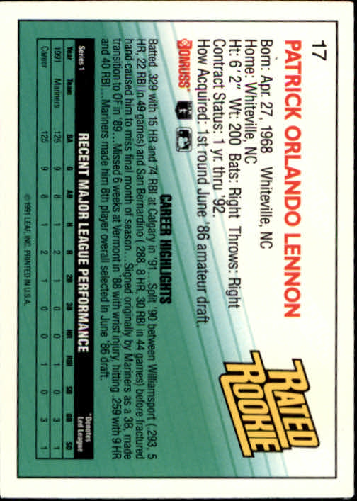 1992 Donruss #17 Patrick Lennon RR - Baseball Card NM-MT