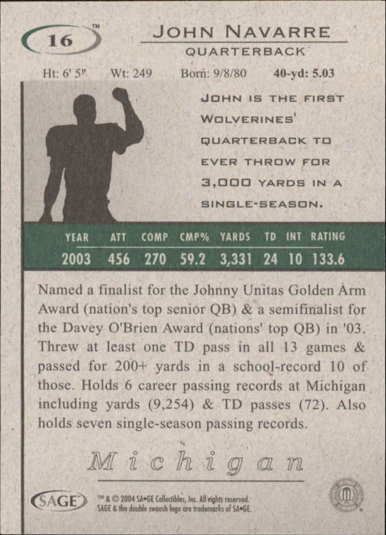 2004 SAGE HIT #16 John Navarre - Football Card NM-MT