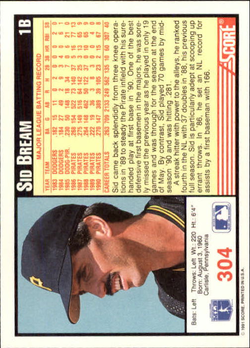 1991 Score #304 Sid Bream - Baseball Card NM-MT