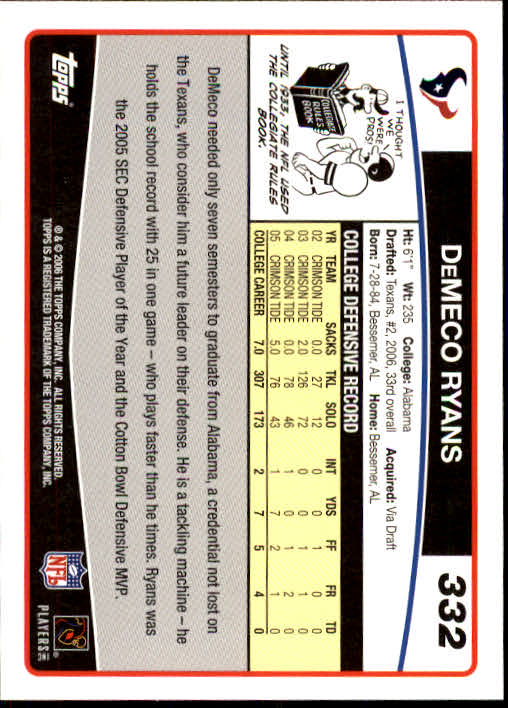 2006 Topps #332 DeMeco Ryans Rookie Card - Football Card