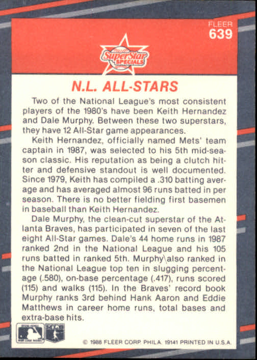 1988 Fleer #639 Keith Hernandez / Dale Murphy Baseball Card NM-MT