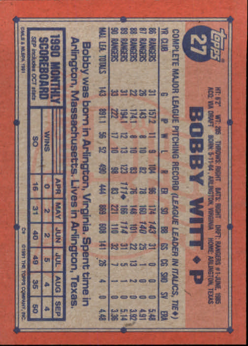 1991 Topps #27 Bobby Witt - Baseball Card NM-MT