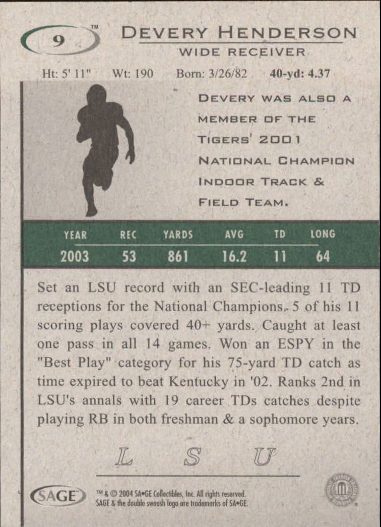 2004 SAGE HIT #9 Devery Henderson - Football Card